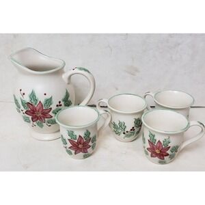 Vintage HD Designs Holiday Poinsettia Christmas Pitcher W/Mugs Set